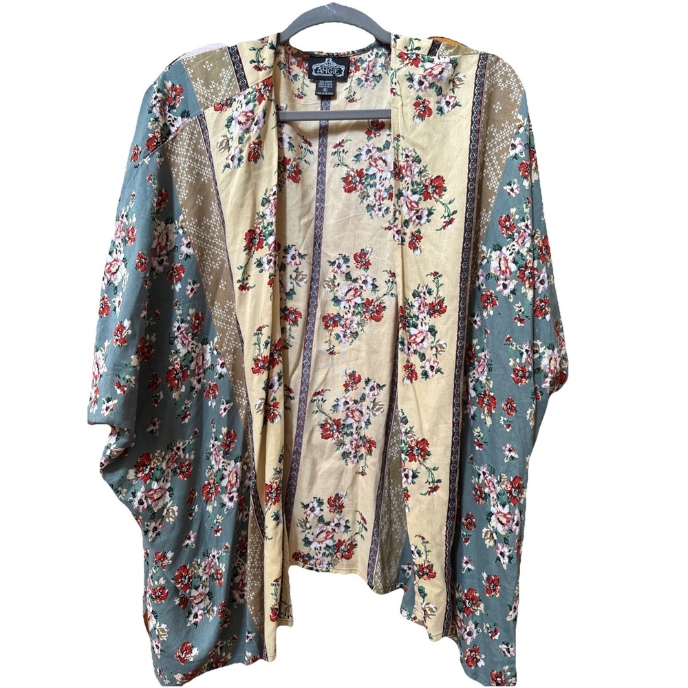 Angie Floral Boho Yellow Teal Open Front Kimono‎ Cardigan Size Medium